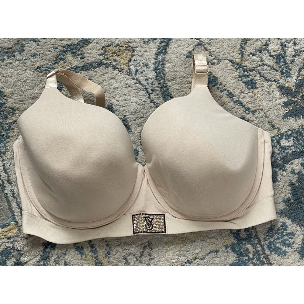 Victoria’s Secret T Shirt Push Up Bra 38DDD Nude Beige Full Coverage Bling Logo